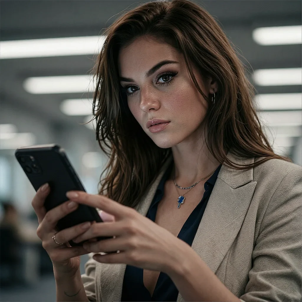 Round feed avatar of a fictional AI companion in a beige blazer, holding a phone in an office