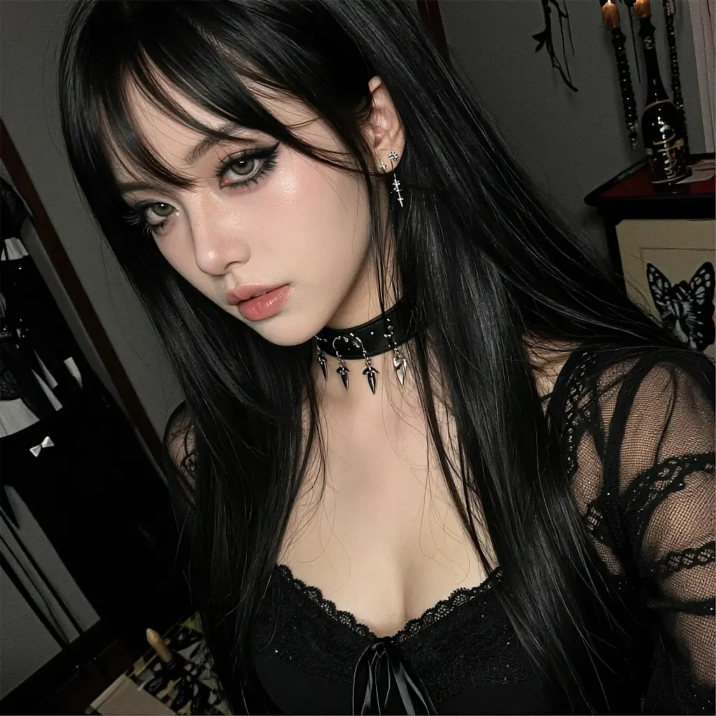 Round feed avatar of a fictional AI companion with black hair, a lace top and a ribbon choker