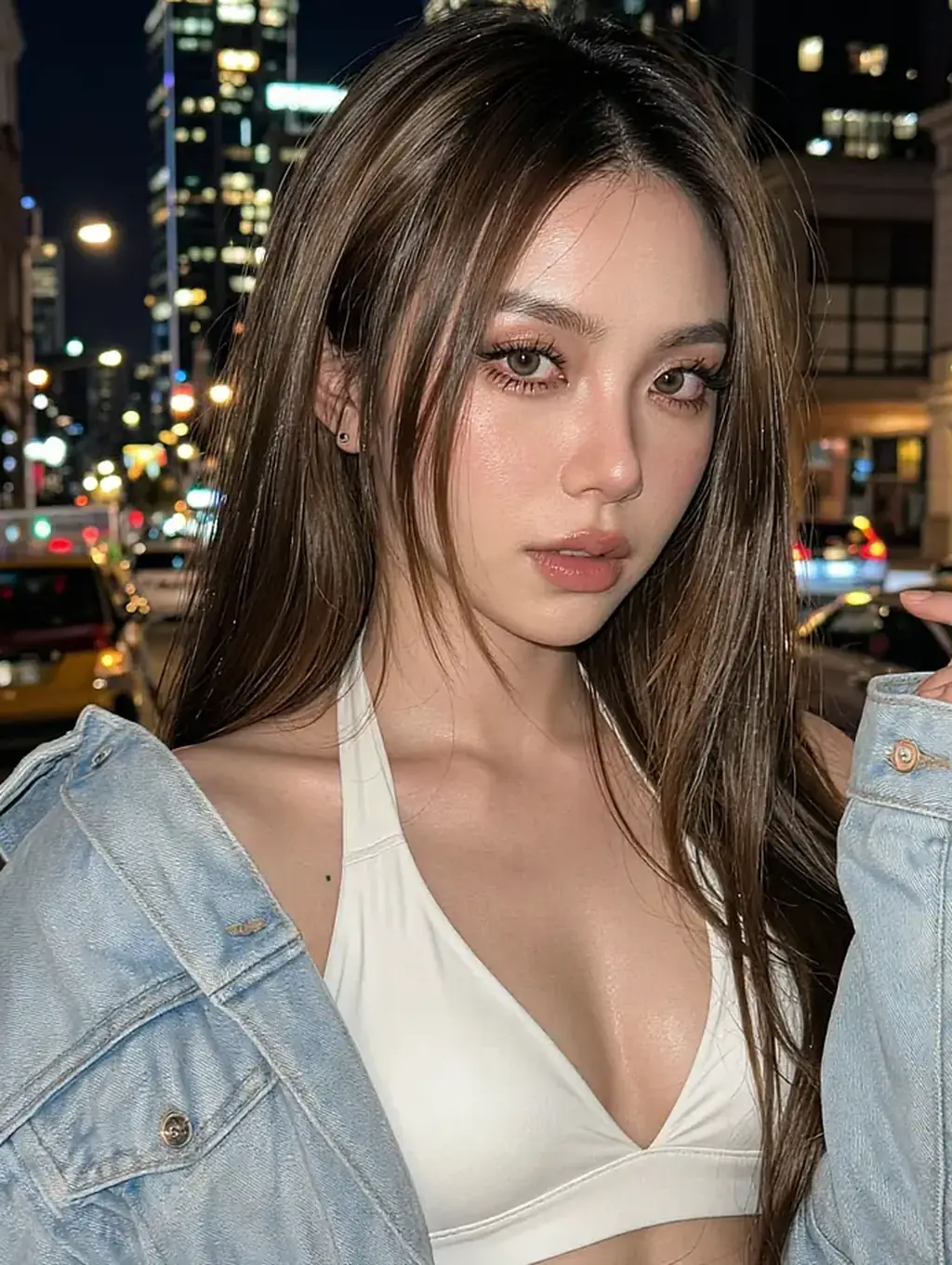Rosa, a fictional AI character on the roster, in a denim jacket against blurred city lights at night