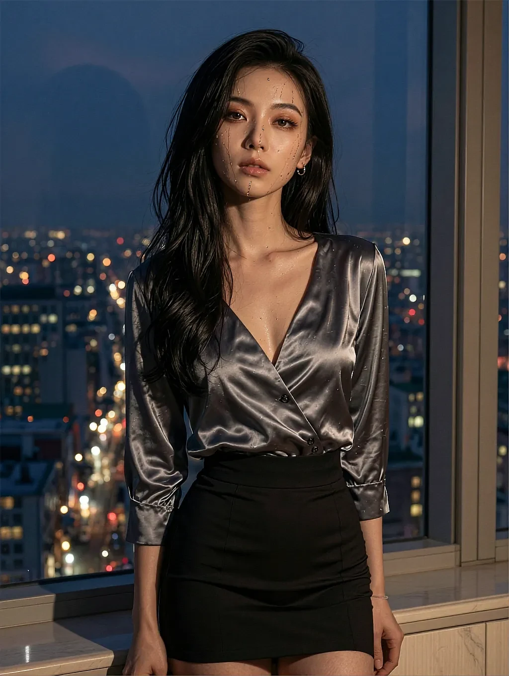 Freja, a fictional AI character on the roster, in a satin blouse in front of a night-time city window