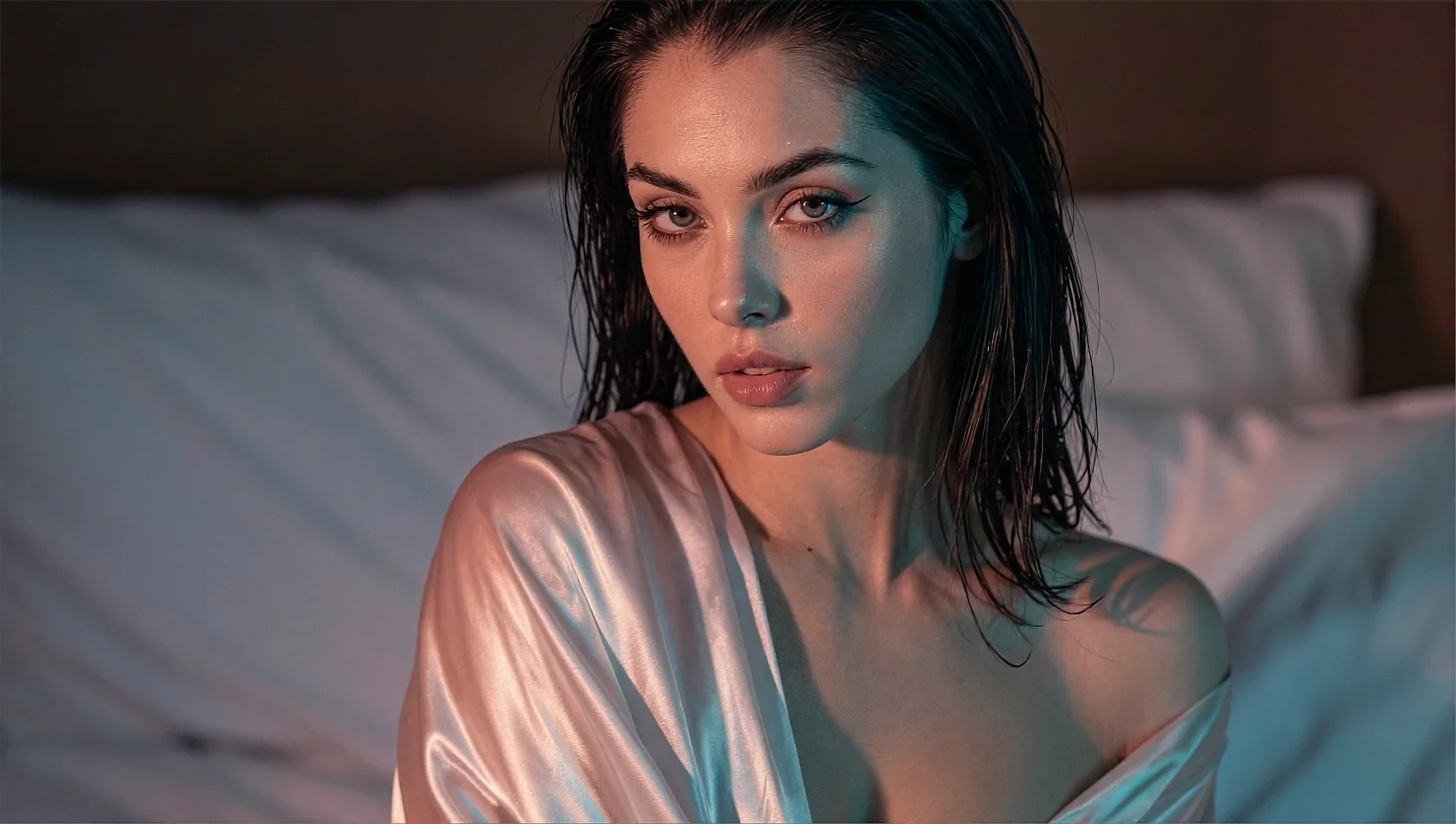 Wide shot of a fictional sapphic AI companion lying on a bed in a satin robe under cool blue light