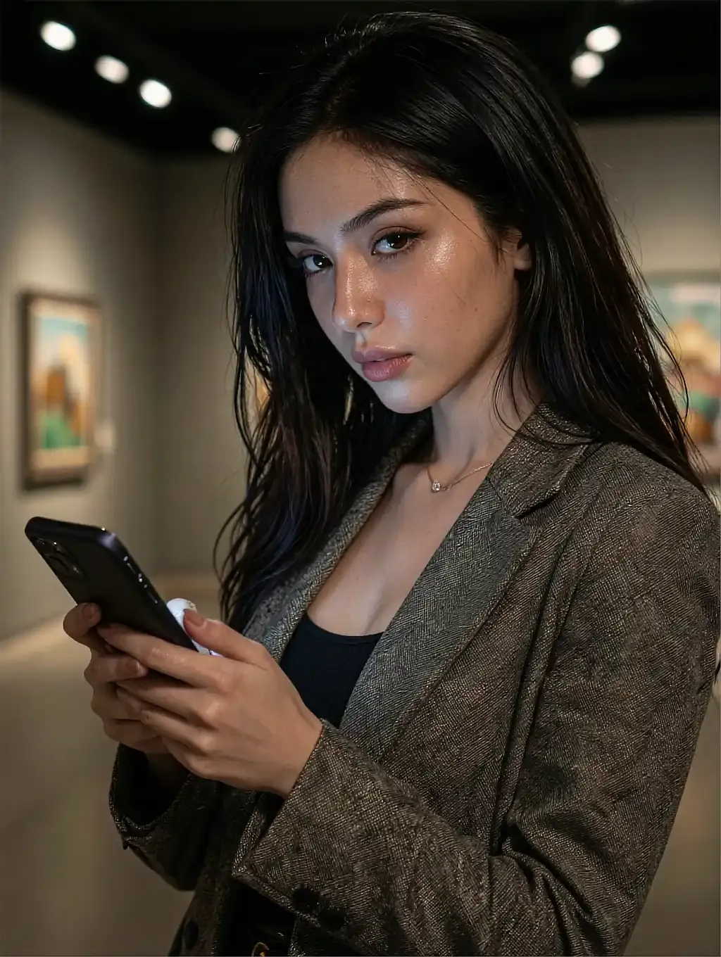 Fictional AI character on the profiles page, holding a phone in a quiet gallery room
