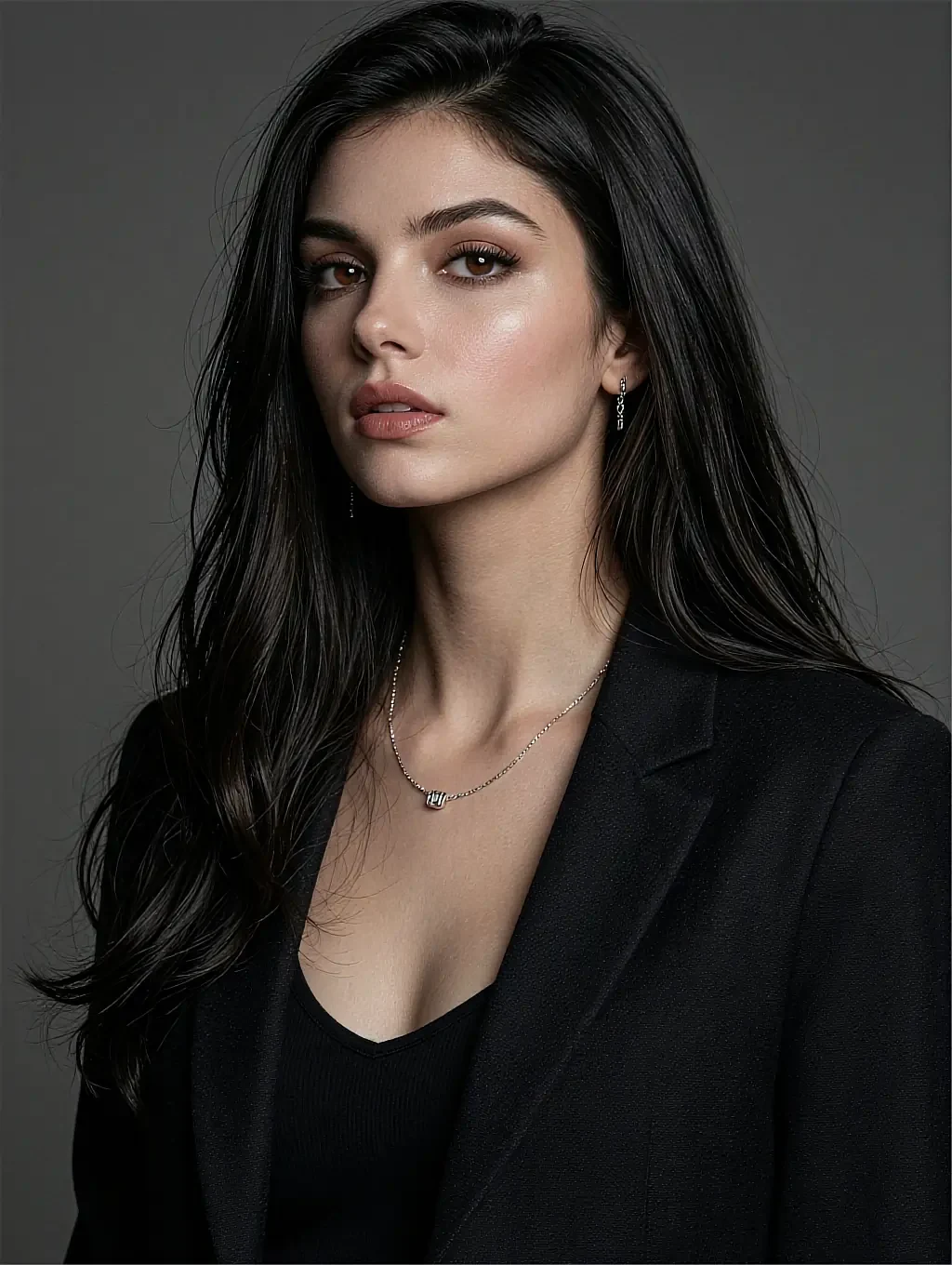 Fictional AI character on the WLW network page, in a black blazer against a dark grey wall