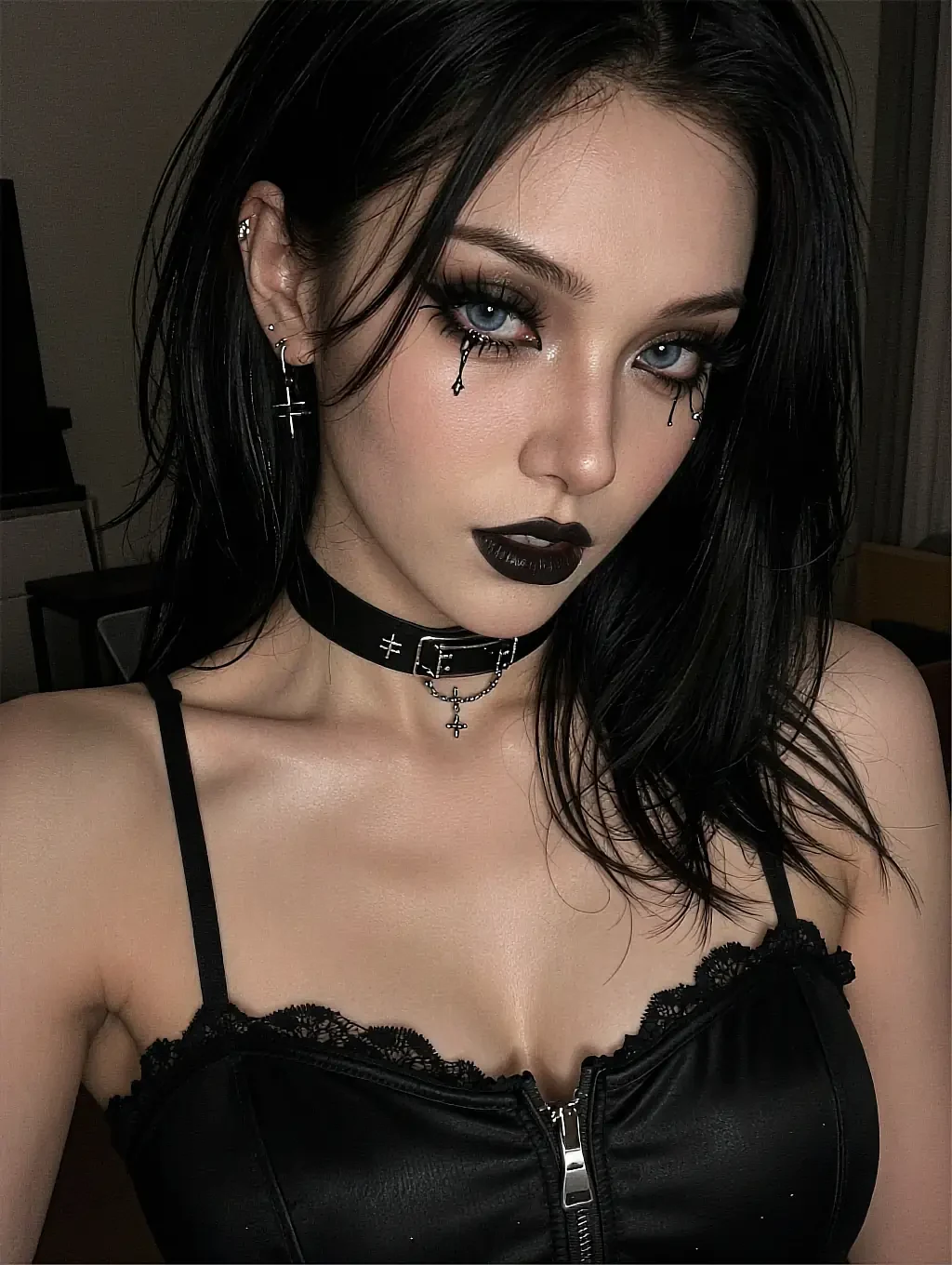 Fictional AI character on the free access page, in a black corset top and a studded choker